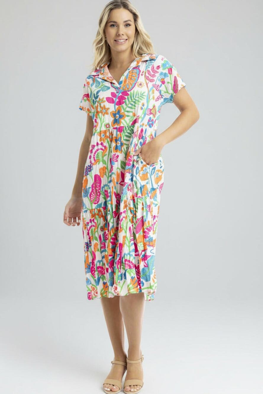 ORIENTIQUE NWT MADURAI COLLAR MIDI DRESS SZ M White Pink Orange Floral Cotton